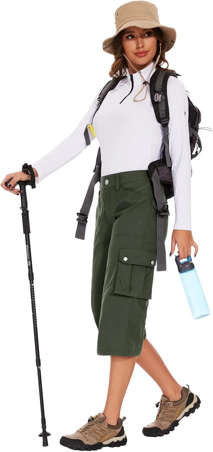 Moosehill Women's-Cargo-Capris-Pants High Waist Waterproof Hiking Casual Travel Summer Pants for Women with 6 Pockets