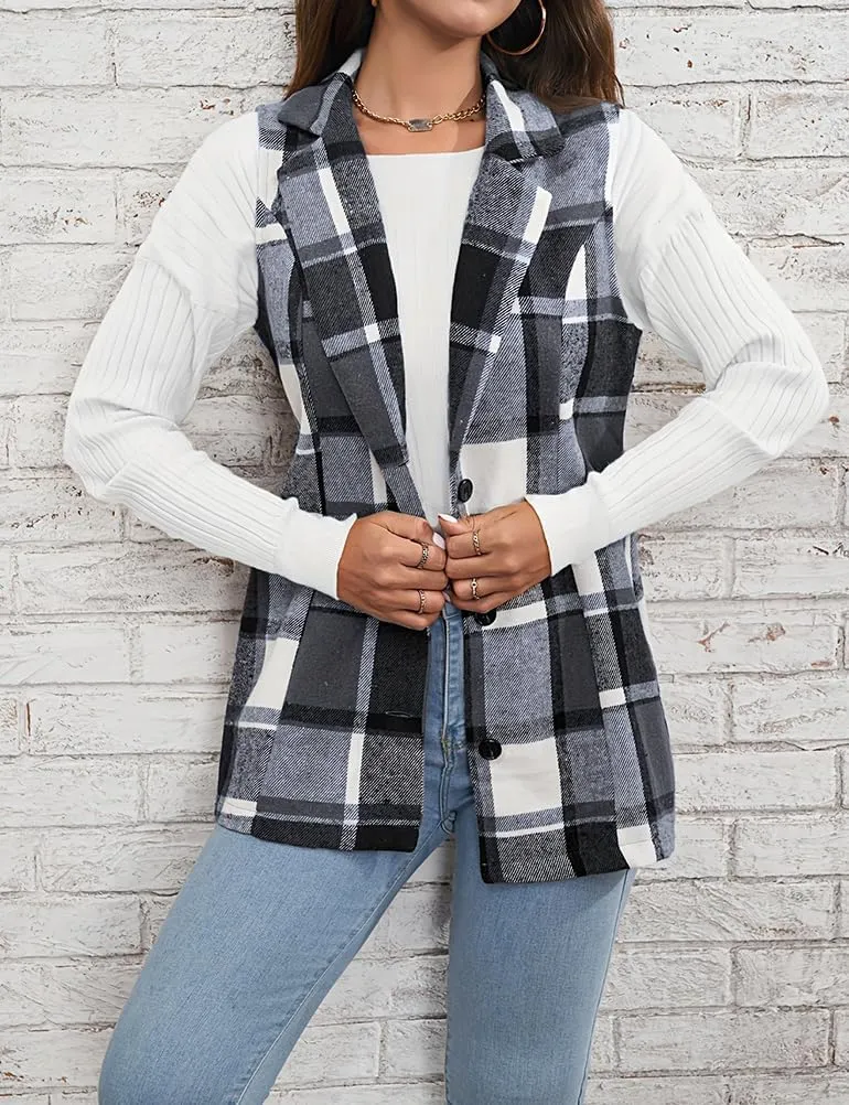 Mywinway Plaid Vest for Women 2024 Fall Winter Sleeveless Lapel Neck Long Blazer Jackets Cardigan Outerwear