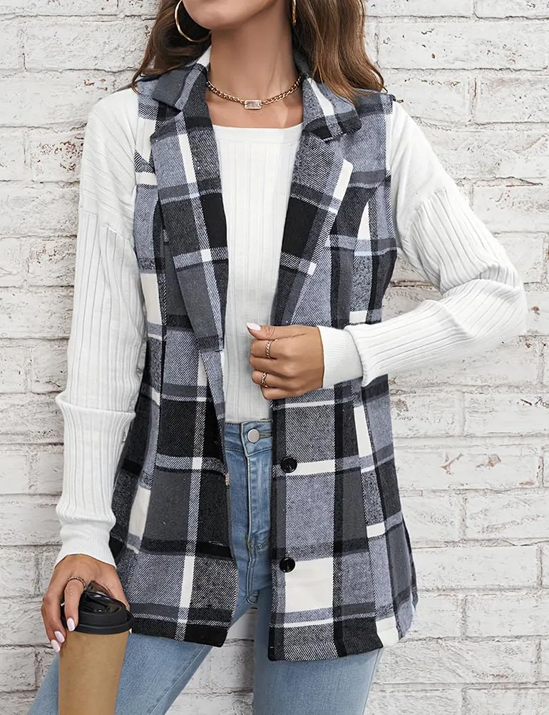 Mywinway Plaid Vest for Women 2024 Fall Winter Sleeveless Lapel Neck Long Blazer Jackets Cardigan Outerwear