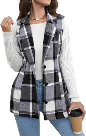 Mywinway Plaid Vest for Women 2024 Fall Winter Sleeveless Lapel Neck Long Blazer Jackets Cardigan Outerwear