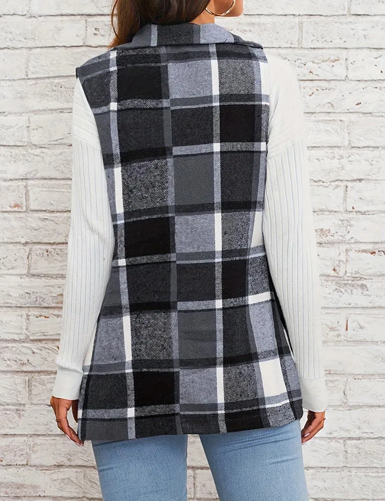 Mywinway Plaid Vest for Women 2024 Fall Winter Sleeveless Lapel Neck Long Blazer Jackets Cardigan Outerwear