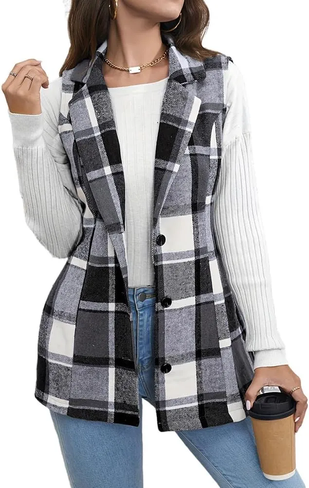 Mywinway Plaid Vest for Women 2024 Fall Winter Sleeveless Lapel Neck Long Blazer Jackets Cardigan Outerwear