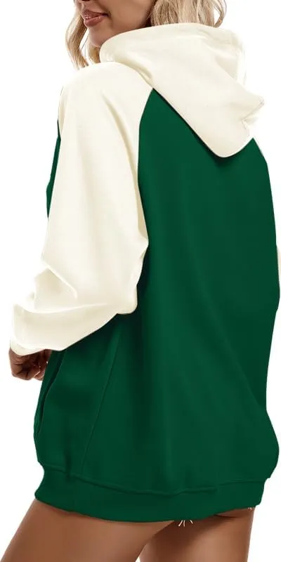 Oversized Color Block Full Zip Up Hoodies for Women Lightweight Hooded Sweatshirt Trendy Casual Jacket with Pockets