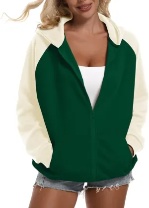 Oversized Color Block Full Zip Up Hoodies for Women Lightweight Hooded Sweatshirt Trendy Casual Jacket with Pockets
