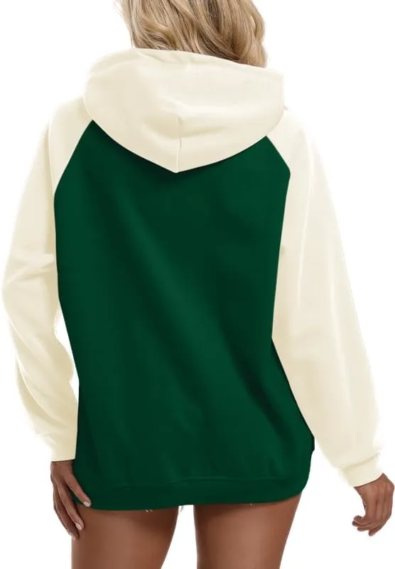 Oversized Color Block Full Zip Up Hoodies for Women Lightweight Hooded Sweatshirt Trendy Casual Jacket with Pockets