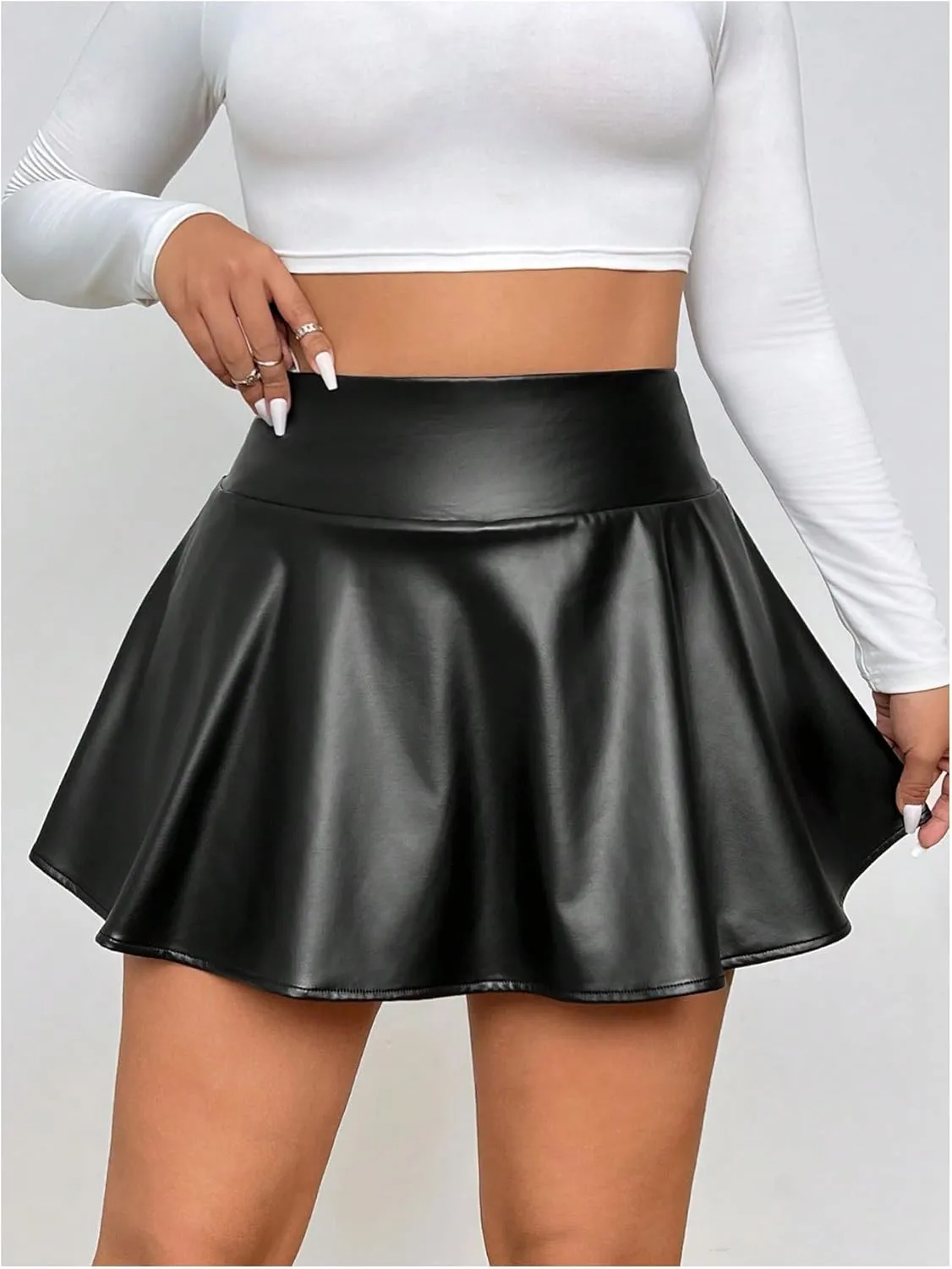 OYOANGLE Women's Plus Size PU Leather Ruffle Short Skirts High Waist Pleated Skater Skirt with Built in Shorts