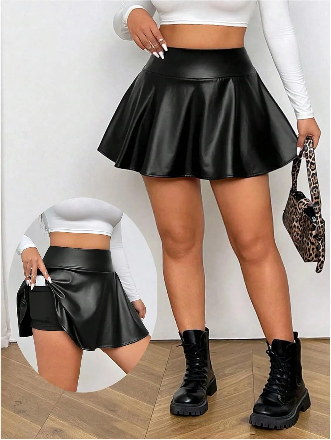 OYOANGLE Women's Plus Size PU Leather Ruffle Short Skirts High Waist Pleated Skater Skirt with Built in Shorts