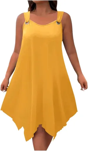 Plus Size Summer Dresses for Curvy Women Loose Casual O-Ring Shoulder Sleeveless Asymmetrical Hem Flowy Midi Dress