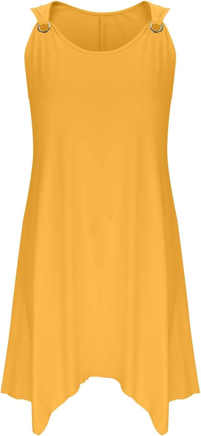 Plus Size Summer Dresses for Curvy Women Loose Casual O-Ring Shoulder Sleeveless Asymmetrical Hem Flowy Midi Dress