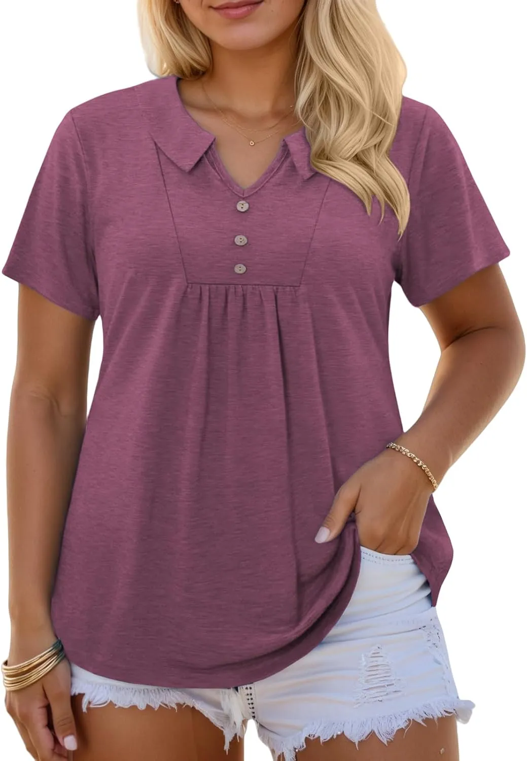 ROSRISS Womens Plus Size Tops Summer Fashion Short Sleeve Tees Casual Collared Polo Shirts Loose Fit Button Blouses XL-5XL