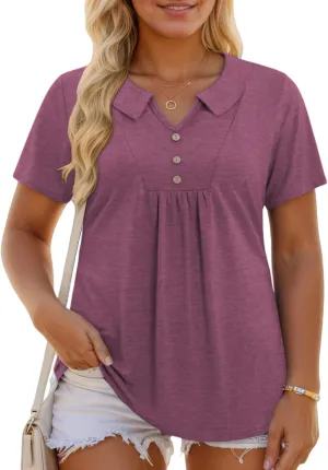 ROSRISS Womens Plus Size Tops Summer Fashion Short Sleeve Tees Casual Collared Polo Shirts Loose Fit Button Blouses XL-5XL
