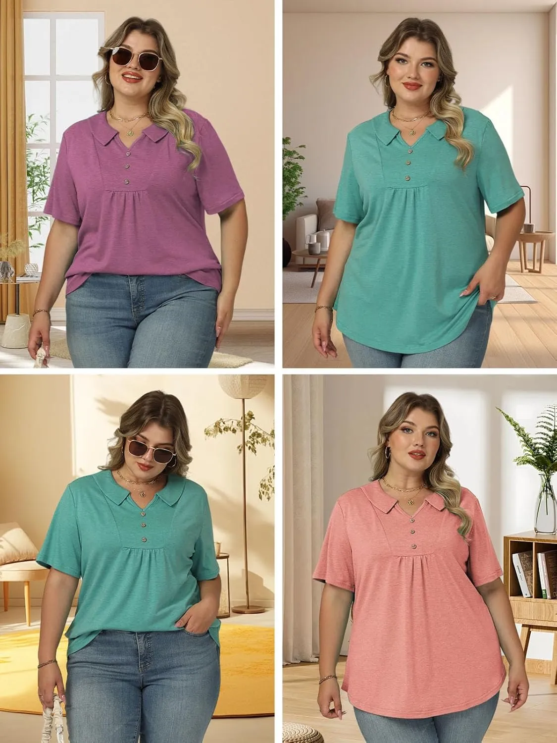 ROSRISS Womens Plus Size Tops Summer Fashion Short Sleeve Tees Casual Collared Polo Shirts Loose Fit Button Blouses XL-5XL