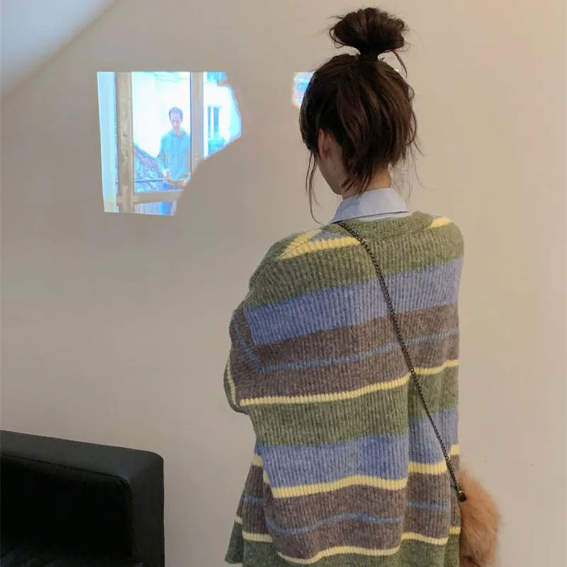 Sage Autumn Aesthetic Striped Cardigan