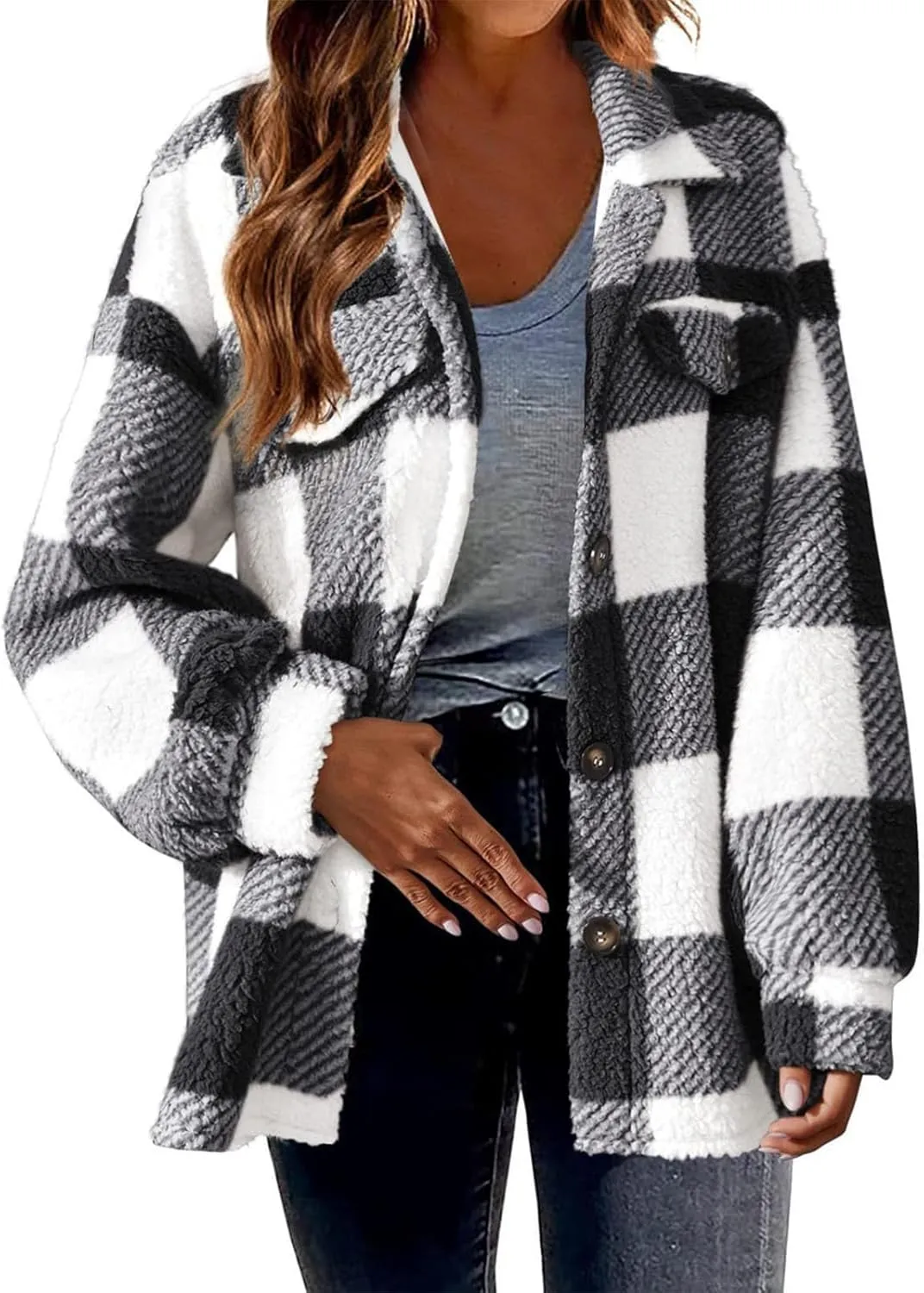 Shackets for Women 2024 Plus Size Fleece Lined Flannel Jacket,Plaid Button Down Shirt Fashion Fall Winter Outfits