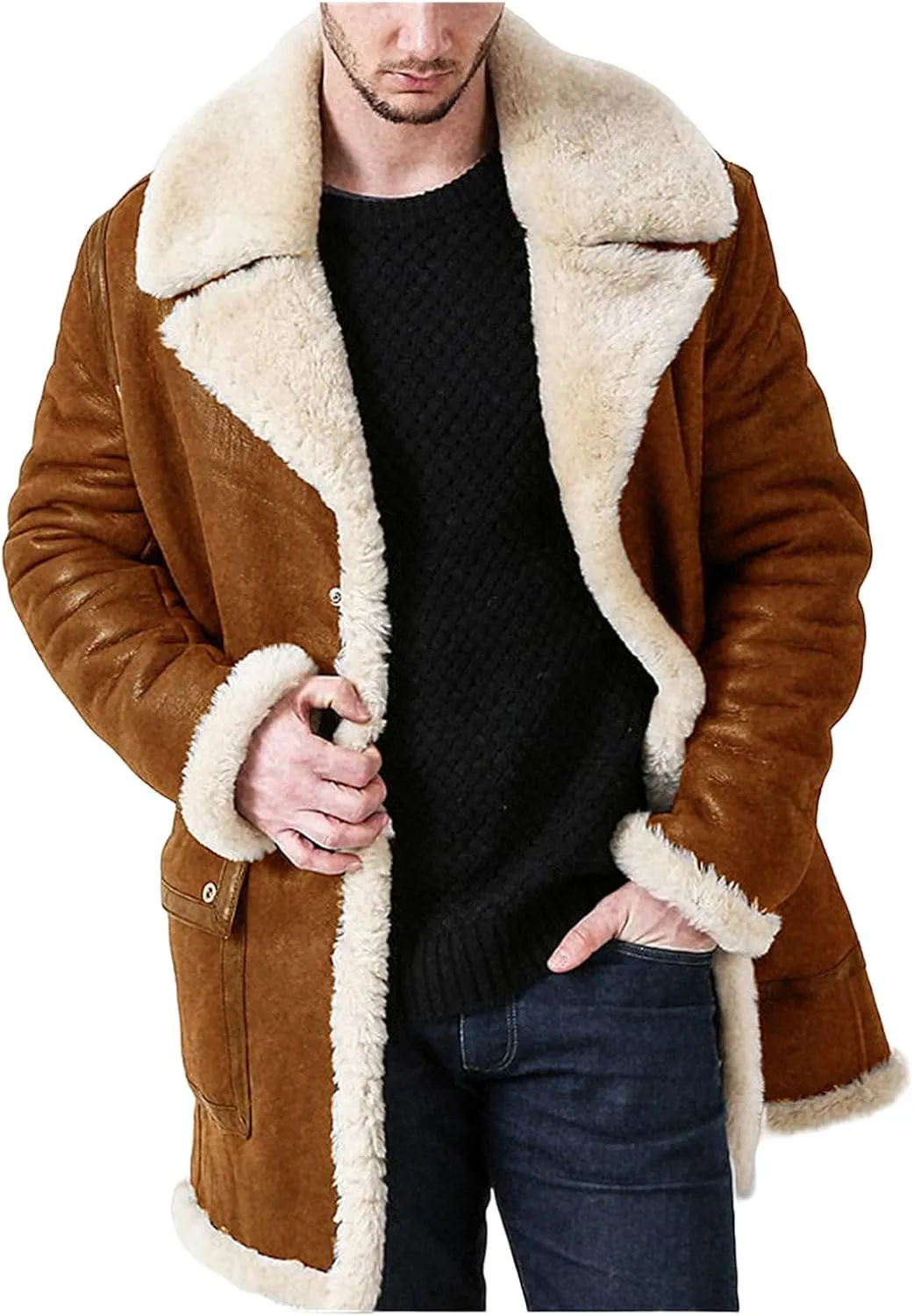Sherpa Lined Jacket Men Suede Shearling Coat Faux Fur Leather Coats Sheepskin Thick Winter Coat Fur Collar Jacket