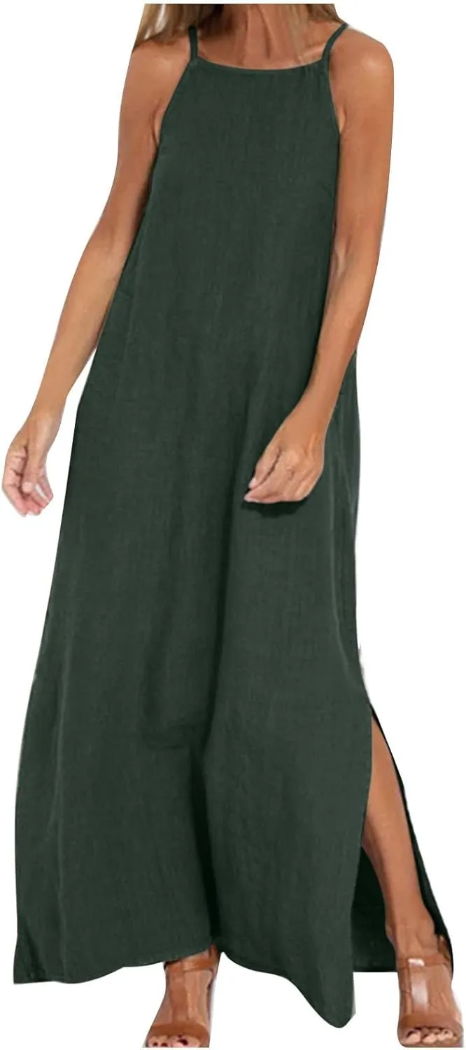 Spaghetti Strap Maxi Dresses for Women Solid Cotton Linen Elegant Slim Sundress Office Work Comfy Basic Long Dress
