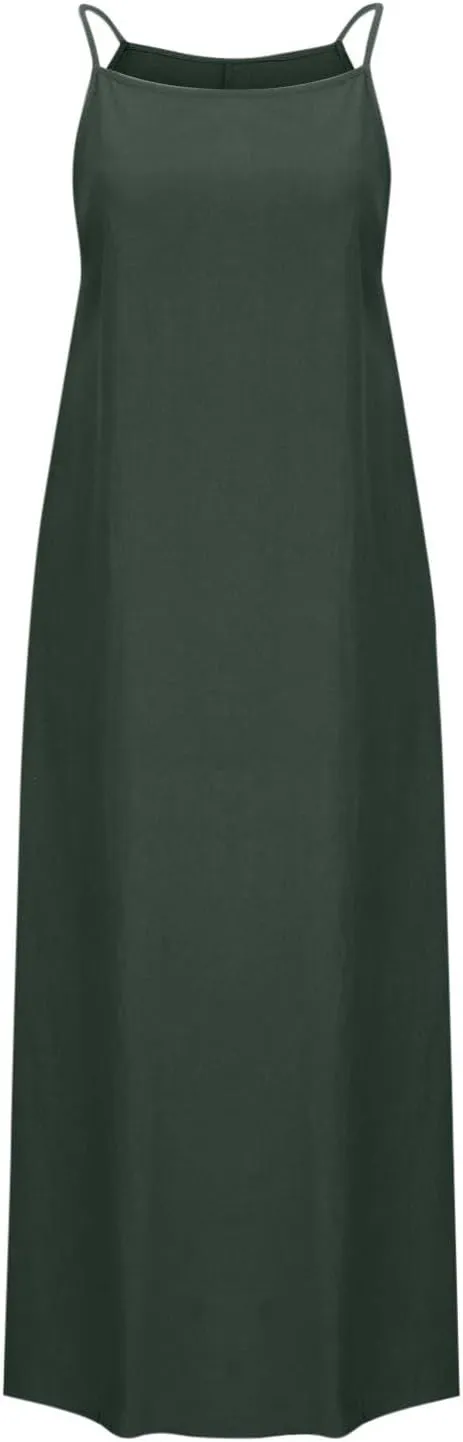 Spaghetti Strap Maxi Dresses for Women Solid Cotton Linen Elegant Slim Sundress Office Work Comfy Basic Long Dress