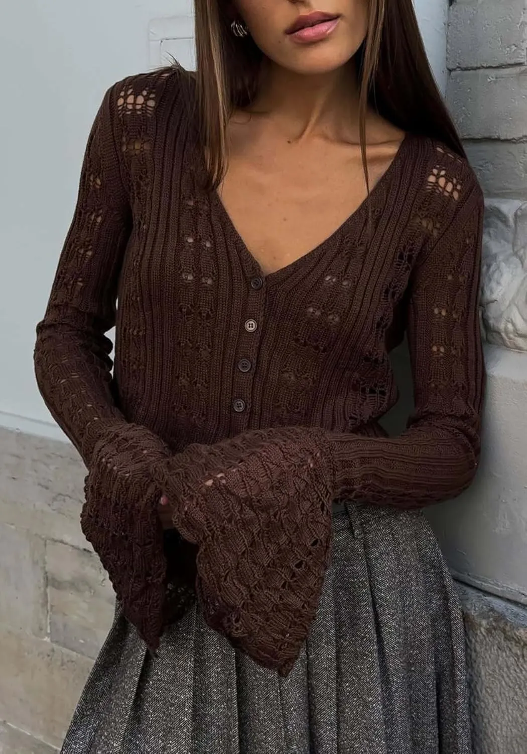 Unybwonn Women Cropped Cardigan Sweater Bell Long Sleeve Knit Crochet Cardigan Crop Top Casual Hollow Out Bolero Shrug