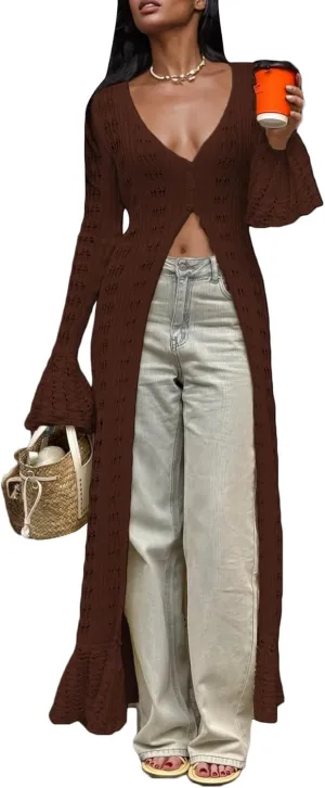 Unybwonn Women Cropped Cardigan Sweater Bell Long Sleeve Knit Crochet Cardigan Crop Top Casual Hollow Out Bolero Shrug