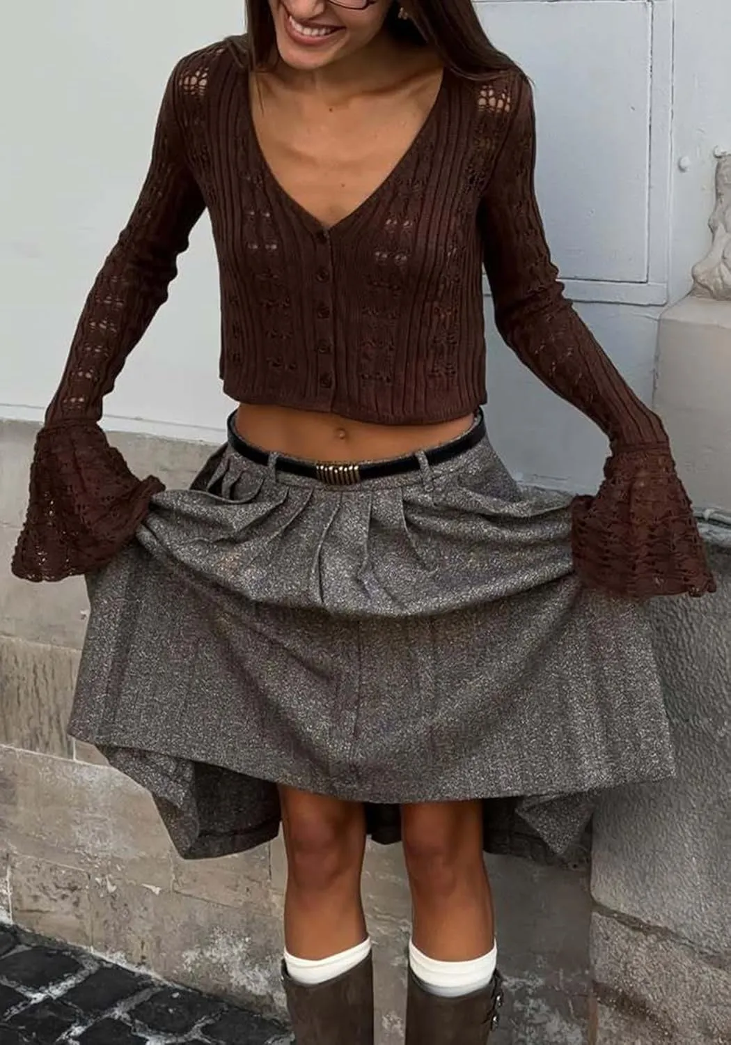 Unybwonn Women Cropped Cardigan Sweater Bell Long Sleeve Knit Crochet Cardigan Crop Top Casual Hollow Out Bolero Shrug