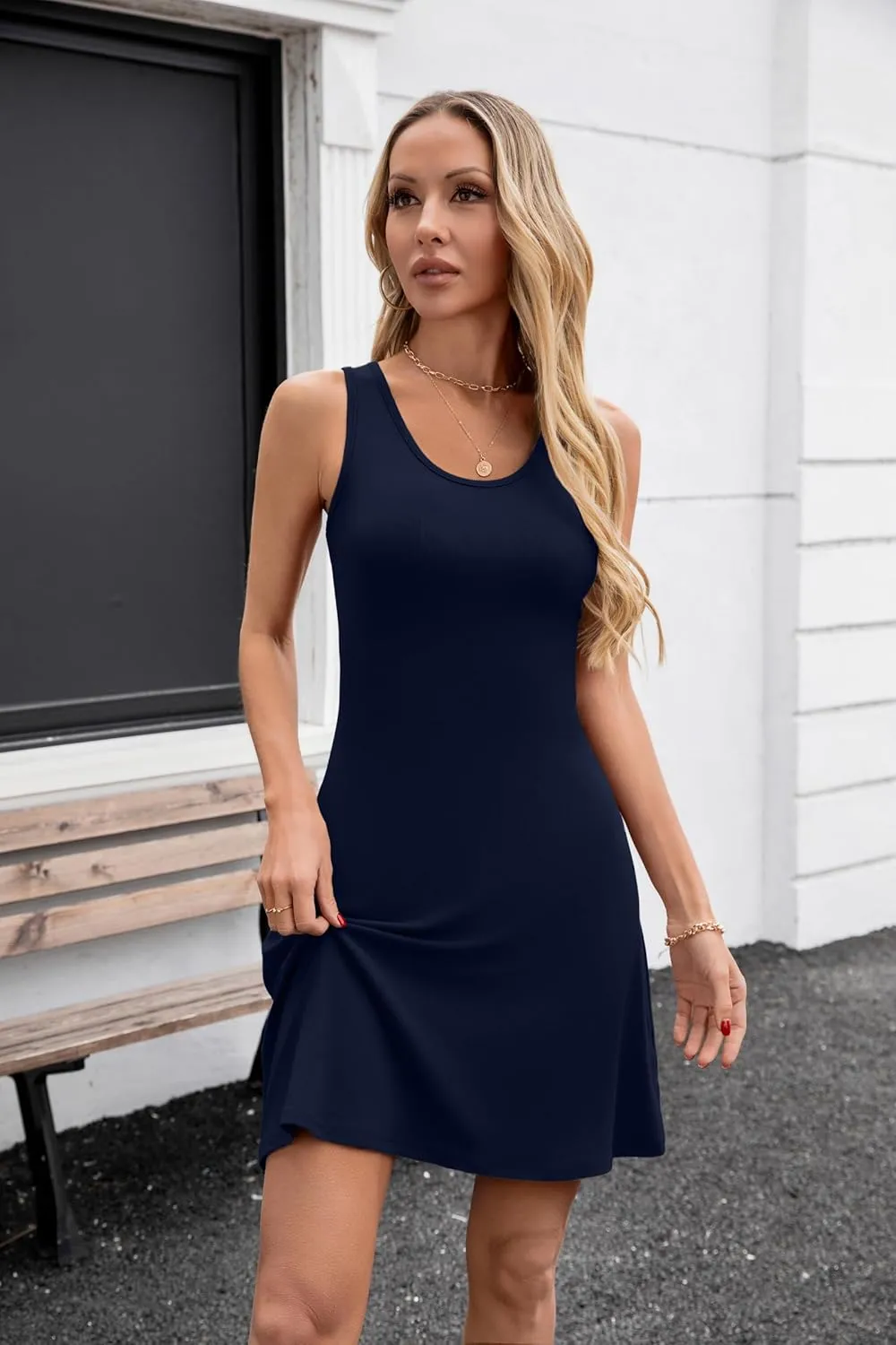Valiamcep Women's Summer Dresses Scoop Neck Sleeveless A-Line Ribbed Knit Above Knee Tank Dress
