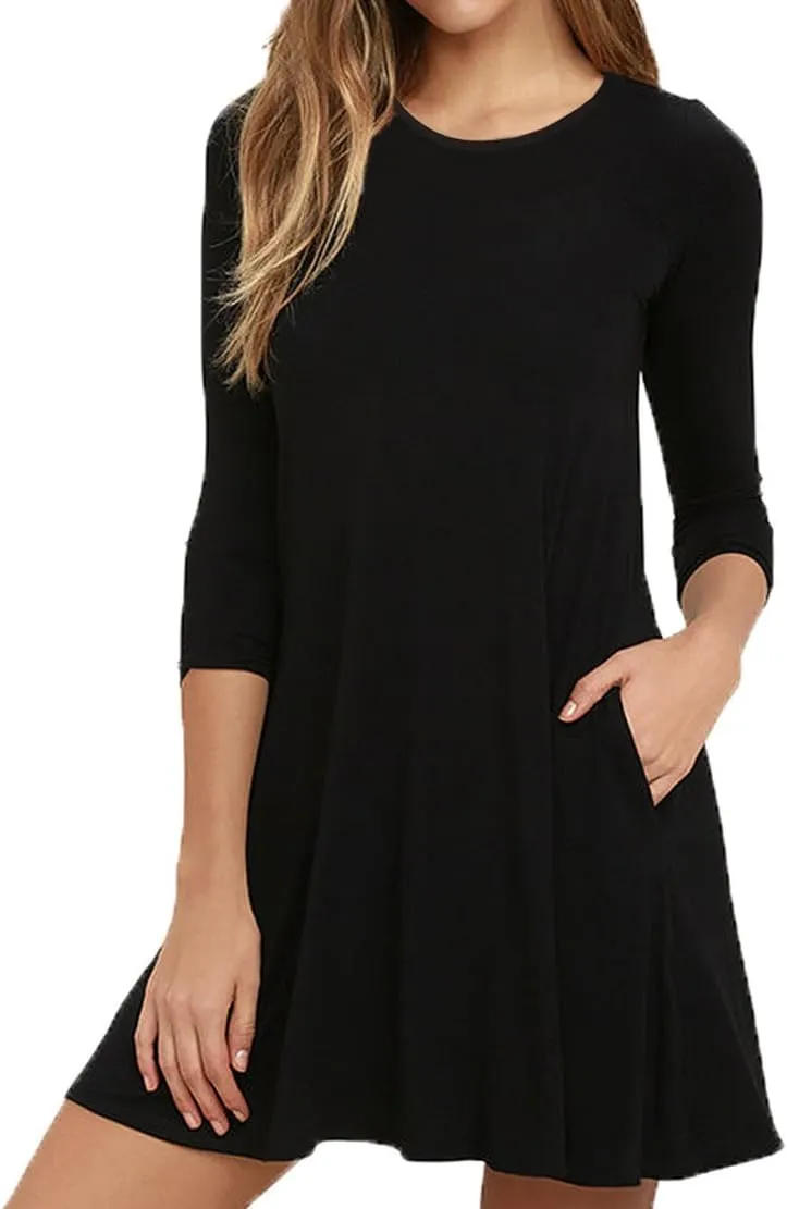 VIISHOW Womens Round Neck 3/4 Sleeves A-line Casual Tshirt Dress with Pocket