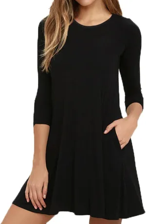 VIISHOW Womens Round Neck 3/4 Sleeves A-line Casual Tshirt Dress with Pocket