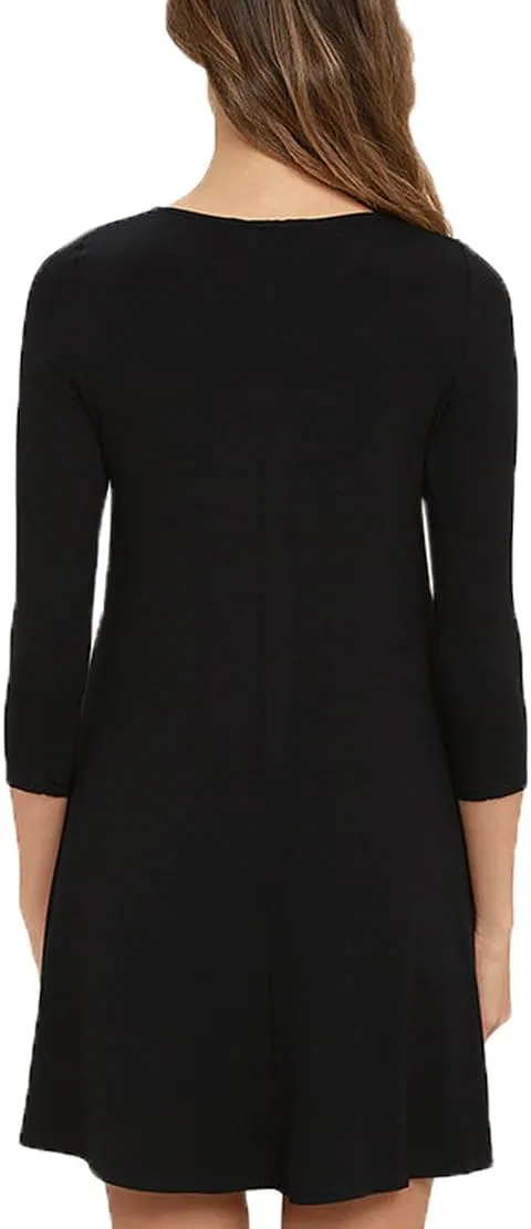 VIISHOW Womens Round Neck 3/4 Sleeves A-line Casual Tshirt Dress with Pocket