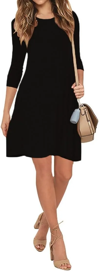 VIISHOW Womens Round Neck 3/4 Sleeves A-line Casual Tshirt Dress with Pocket