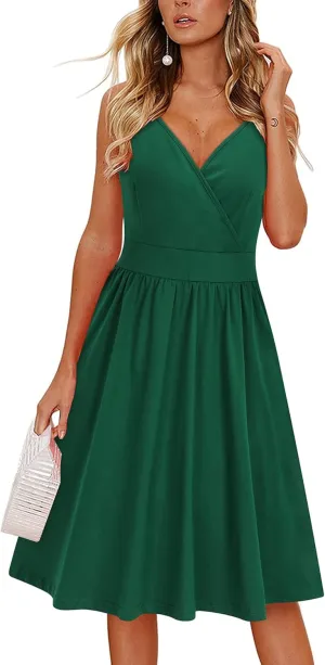 VOTEPRETTY Women's V Neck Floral Spaghetti Strap Sundress Casual Summer Party Swing Dress with Pocket