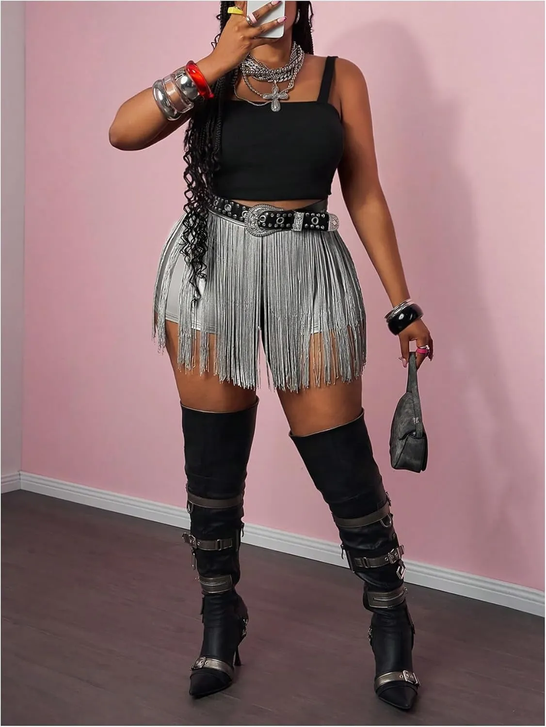WDIRARA Women's Plus Size PU Leather Shorts High Waisted Tassel Trim Party Club Fringes Shorts Cowgirl
