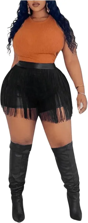 WDIRARA Women's Plus Size PU Leather Shorts High Waisted Tassel Trim Party Club Fringes Shorts Cowgirl