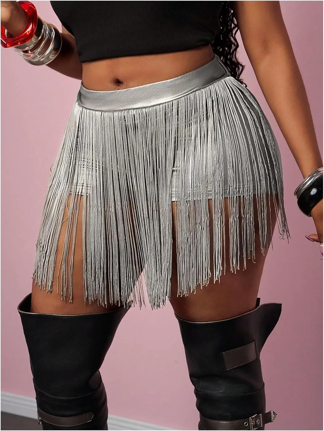 WDIRARA Women's Plus Size PU Leather Shorts High Waisted Tassel Trim Party Club Fringes Shorts Cowgirl