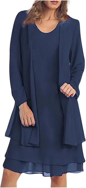 Wedding Guests Dresses Women Fashion Mother of The Bride Dress Elegant Layered Gown Chiffon Cardigan Two Piece Outfit