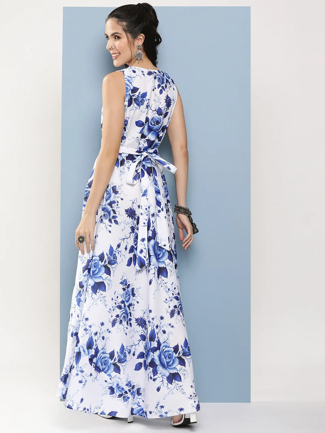 White & Blue Printed Long Dress With Waist Belt