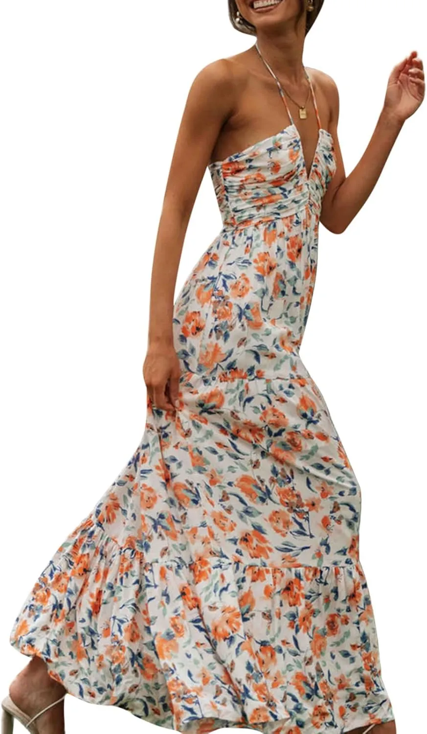 Women Summer Casual Maxi Dress Boho Dress Sleevelss Tie up Flowy Dress Cutout Long Dress Vacation Beach Dress