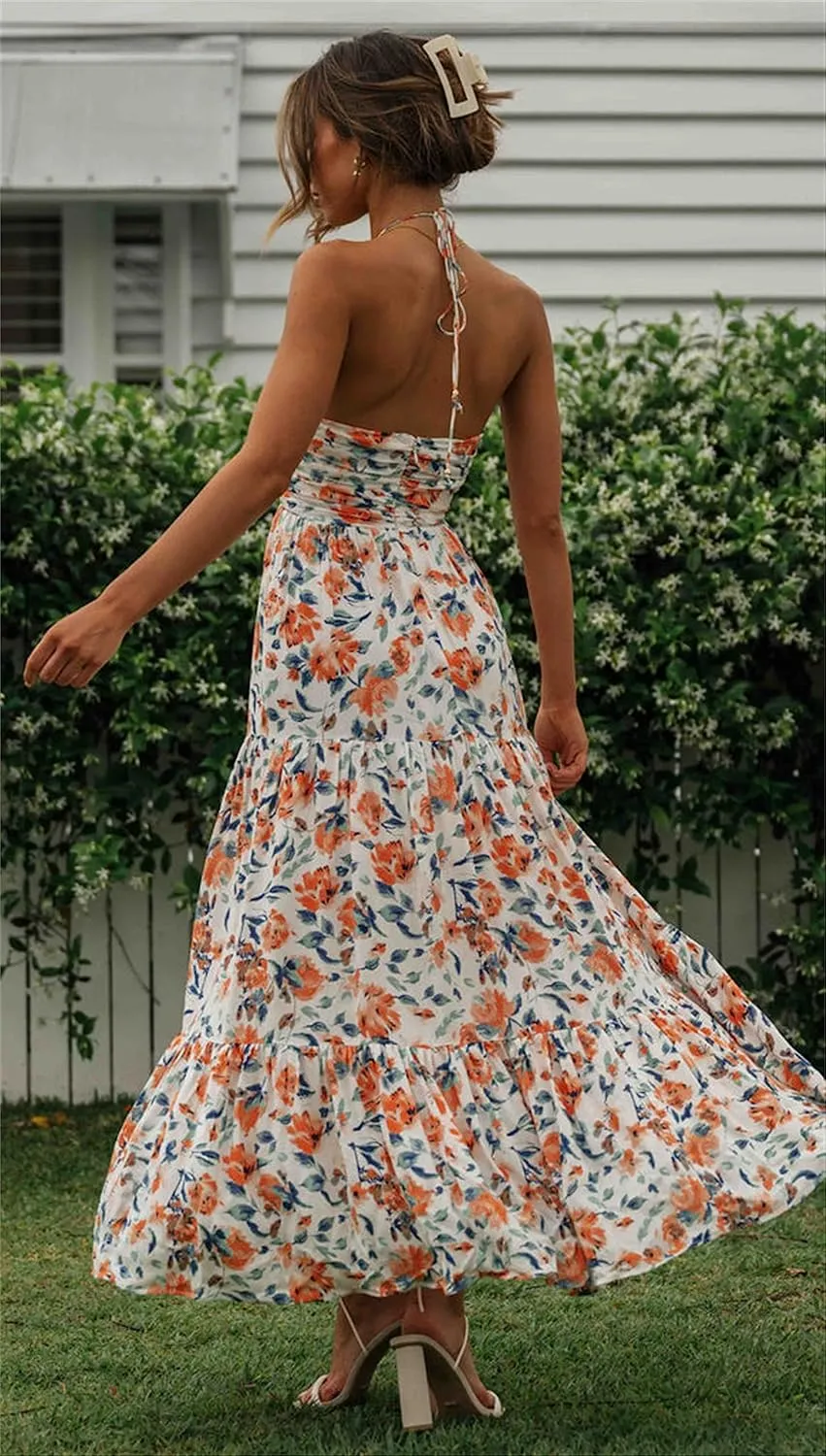 Women Summer Casual Maxi Dress Boho Dress Sleevelss Tie up Flowy Dress Cutout Long Dress Vacation Beach Dress