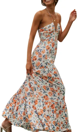 Women Summer Casual Maxi Dress Boho Dress Sleevelss Tie up Flowy Dress Cutout Long Dress Vacation Beach Dress