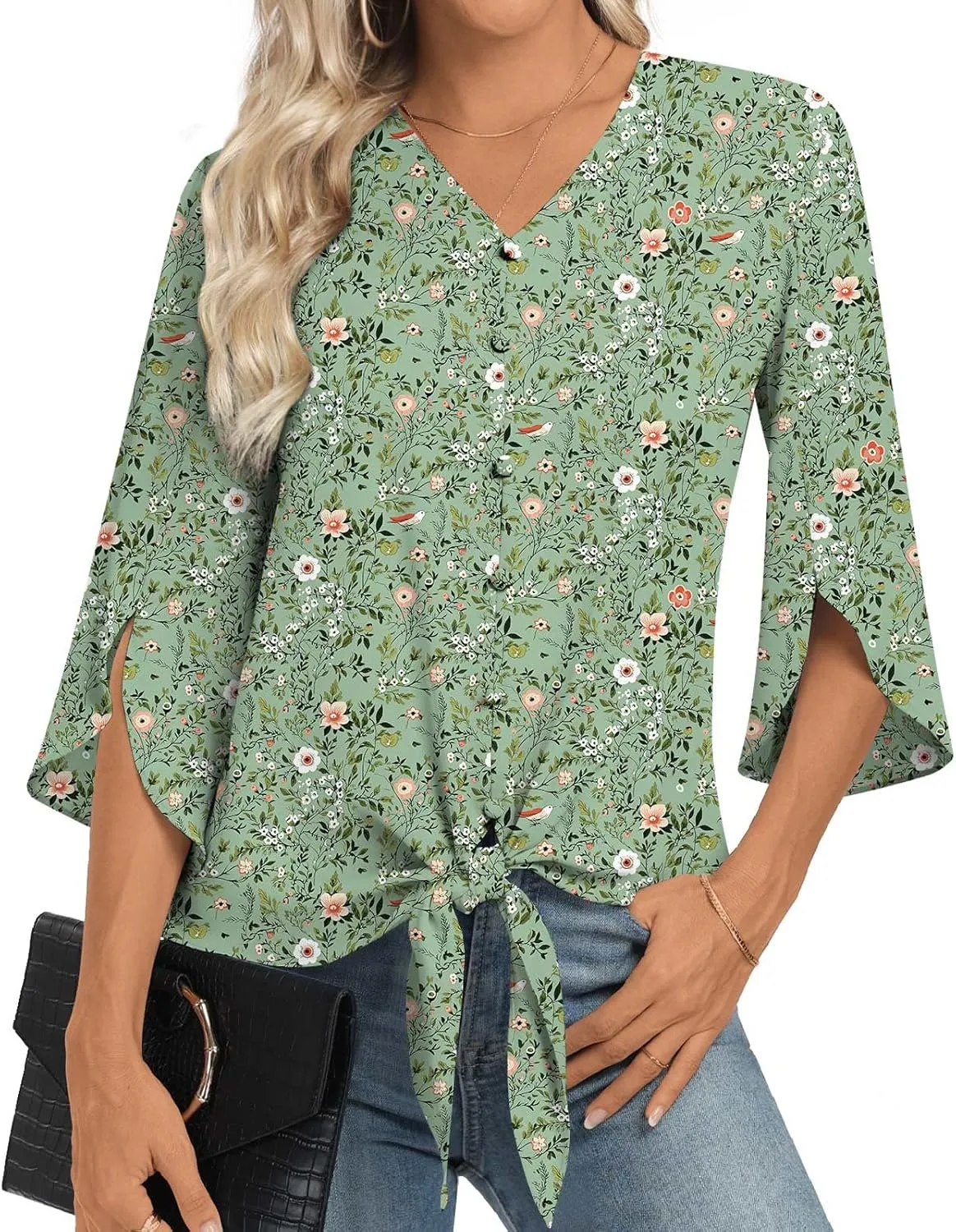 Womens 2025 Casual Summer Tops V-Neck Button Down Shirts Loose Fit Tunic Blouses