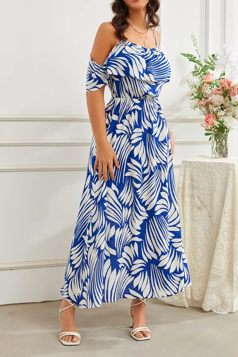 Women's Bohemian Off The Shoulder Elastic Waist A-Line Vacation Maxi Beach Dress
