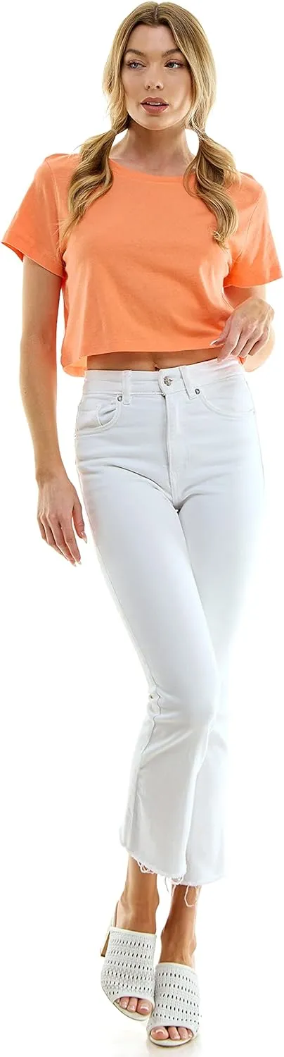 Women's Boxy Crop Top Round Neck Short Sleeve Casual 100% Cotton Cropped Tee T-Shirt
