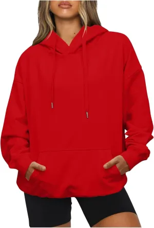 Women's Casual Hoodies Long Sleeve Lightweight Solid Pullover Tops Loose Fall Winter Sweatshirt with Pocket