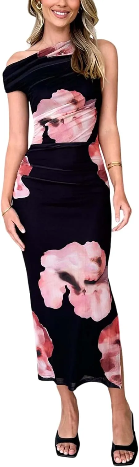 Women's Off The Shoulder Floral Printed Midi Dress Asymmetrical Neck Mesh Ruched Bodycon Cocktail Party Dresses