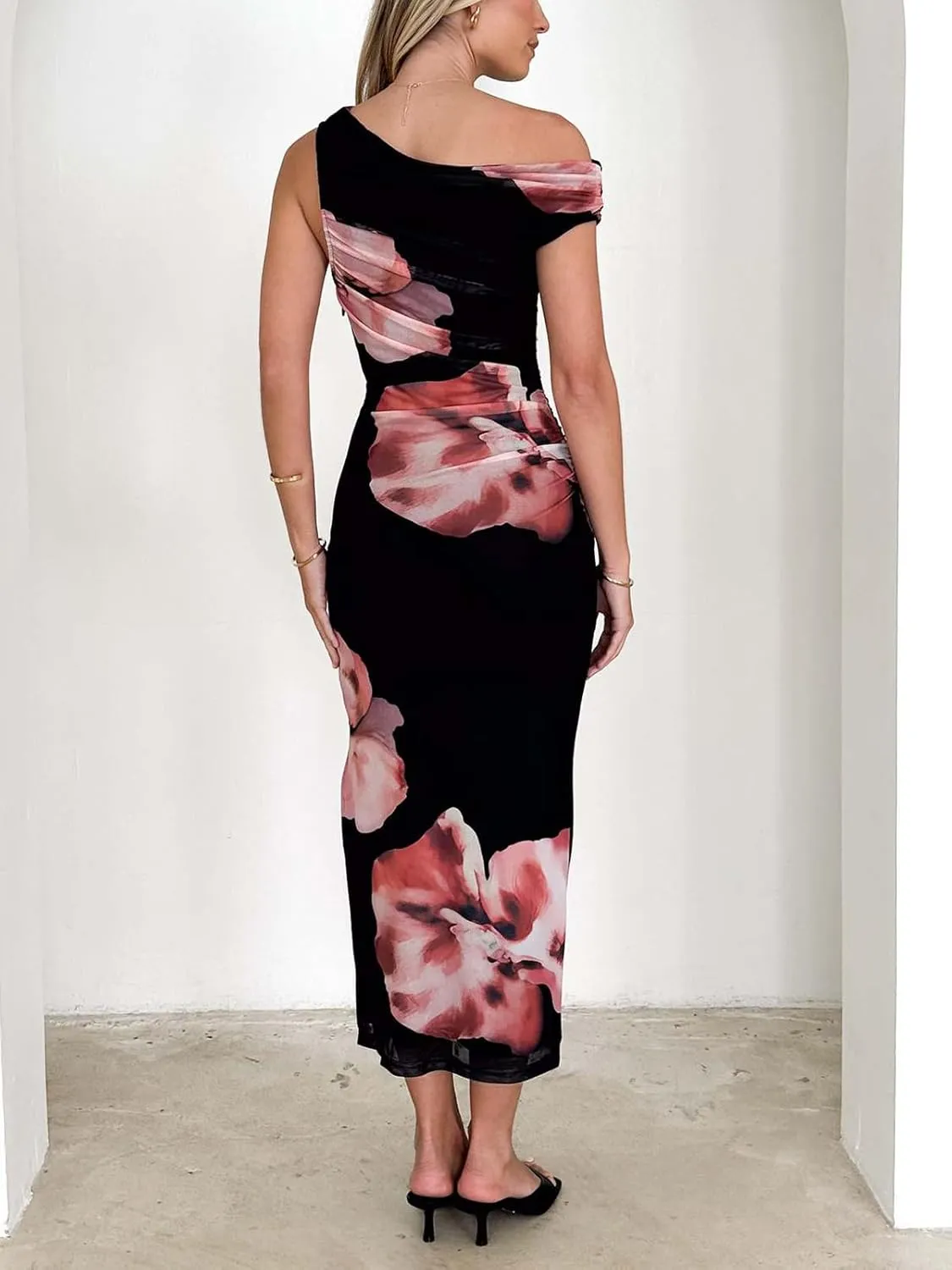 Women's Off The Shoulder Floral Printed Midi Dress Asymmetrical Neck Mesh Ruched Bodycon Cocktail Party Dresses