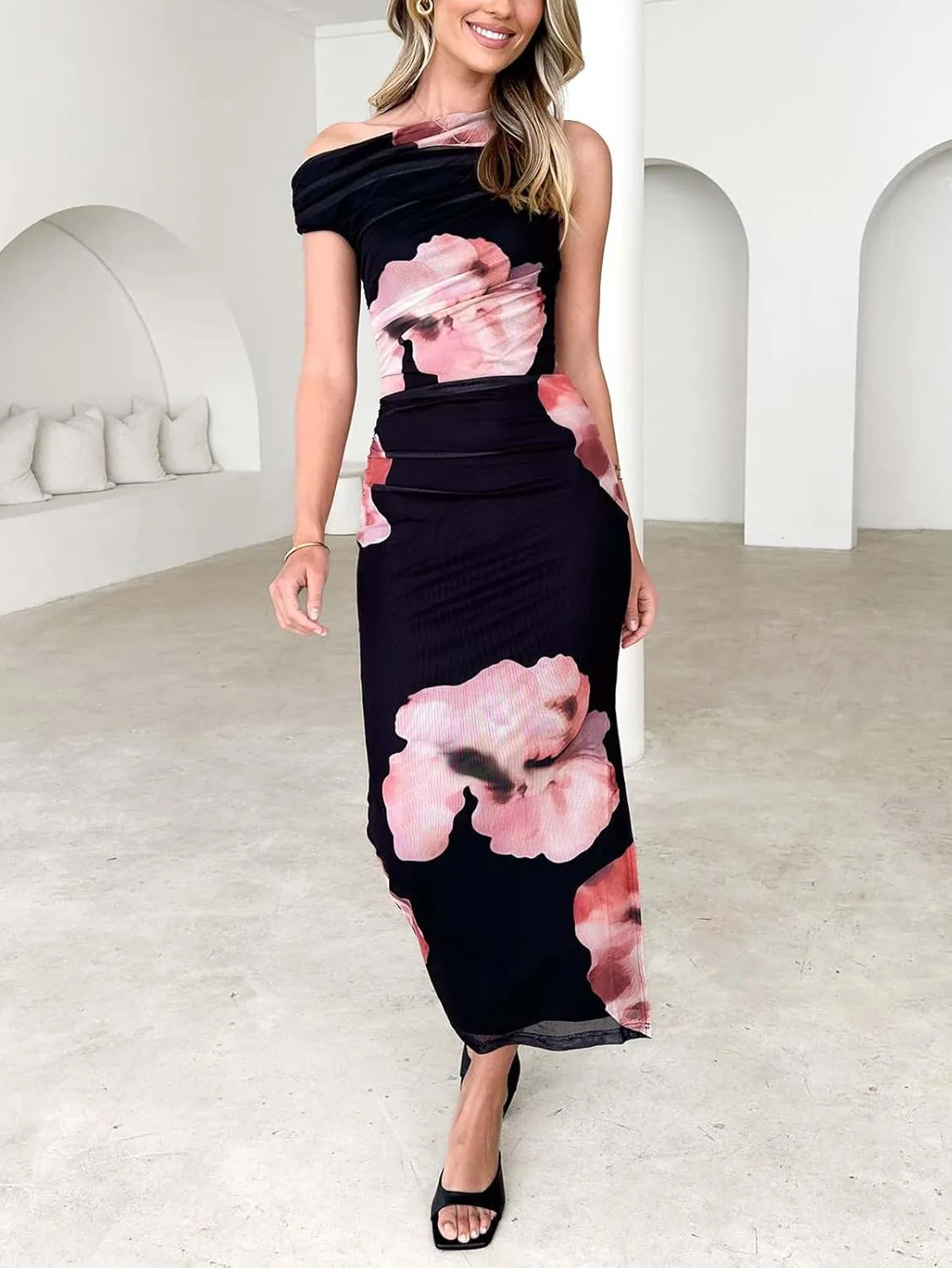 Women's Off The Shoulder Floral Printed Midi Dress Asymmetrical Neck Mesh Ruched Bodycon Cocktail Party Dresses