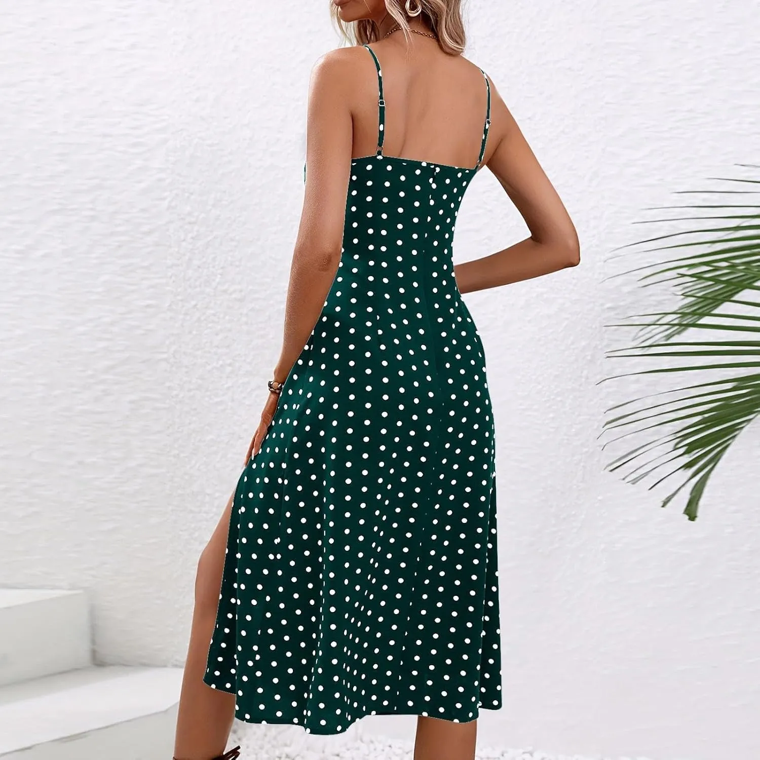 Womens Polka Dot Sundresses Summer Spaghetti Strap Dresses Slim Fit Side Slit Midi Dress Sexy A Line Beach Dress