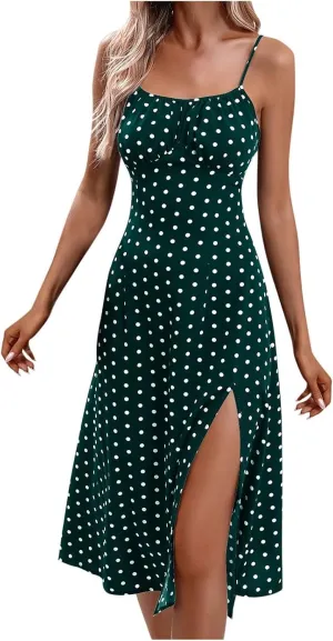 Womens Polka Dot Sundresses Summer Spaghetti Strap Dresses Slim Fit Side Slit Midi Dress Sexy A Line Beach Dress