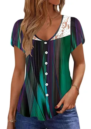 Womens Summer Tops Trendy Lace Trim V Neck Tunic Shirts Casual Petal Sleeve Pleated Front Button Blouses