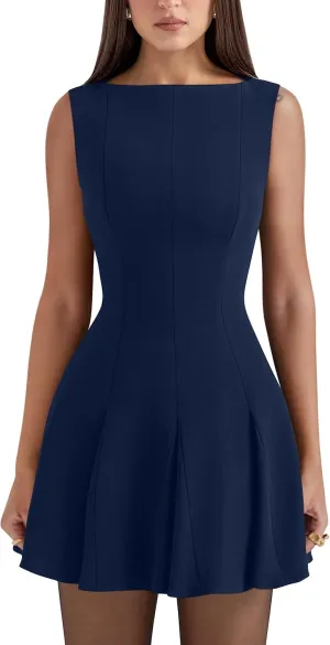 YMDUCH Women's Summer Sleeveless Boat Neck A-line Flared Hem Club Party Mini Dress