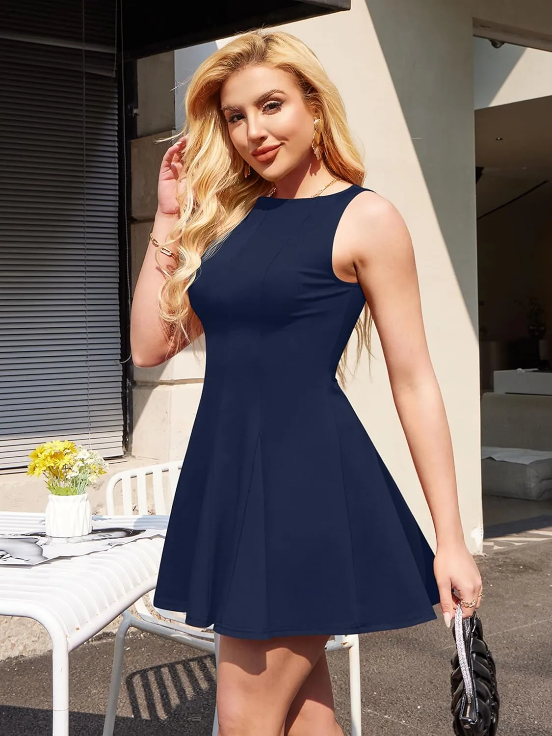 YMDUCH Women's Summer Sleeveless Boat Neck A-line Flared Hem Club Party Mini Dress
